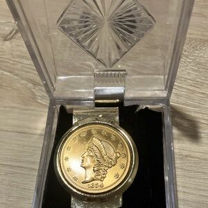 1854 Liberty Head Money Clip + Box. gold plated medal